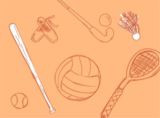 Een illustratie van een tennisracket, volleybal, balletschoenen, honkbalknuppel en rugbybal. 