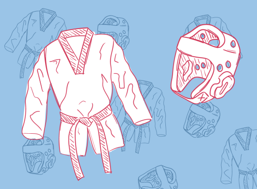 Een illustratie van een Taekwon-Do pak en hoofdbeschermer