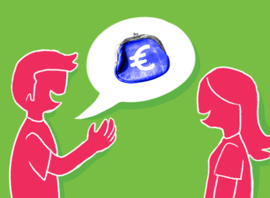 Illustratie van twee mensen in gesprek over geld